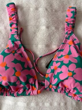 Pink Floral Bikini Top with Green and Orange Accents